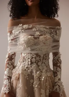 White Floral Appliqué Wedding Dress with Sheer Long Sleeves, Off-Shoulder Draping and Floor-Length Train - Plus Size
