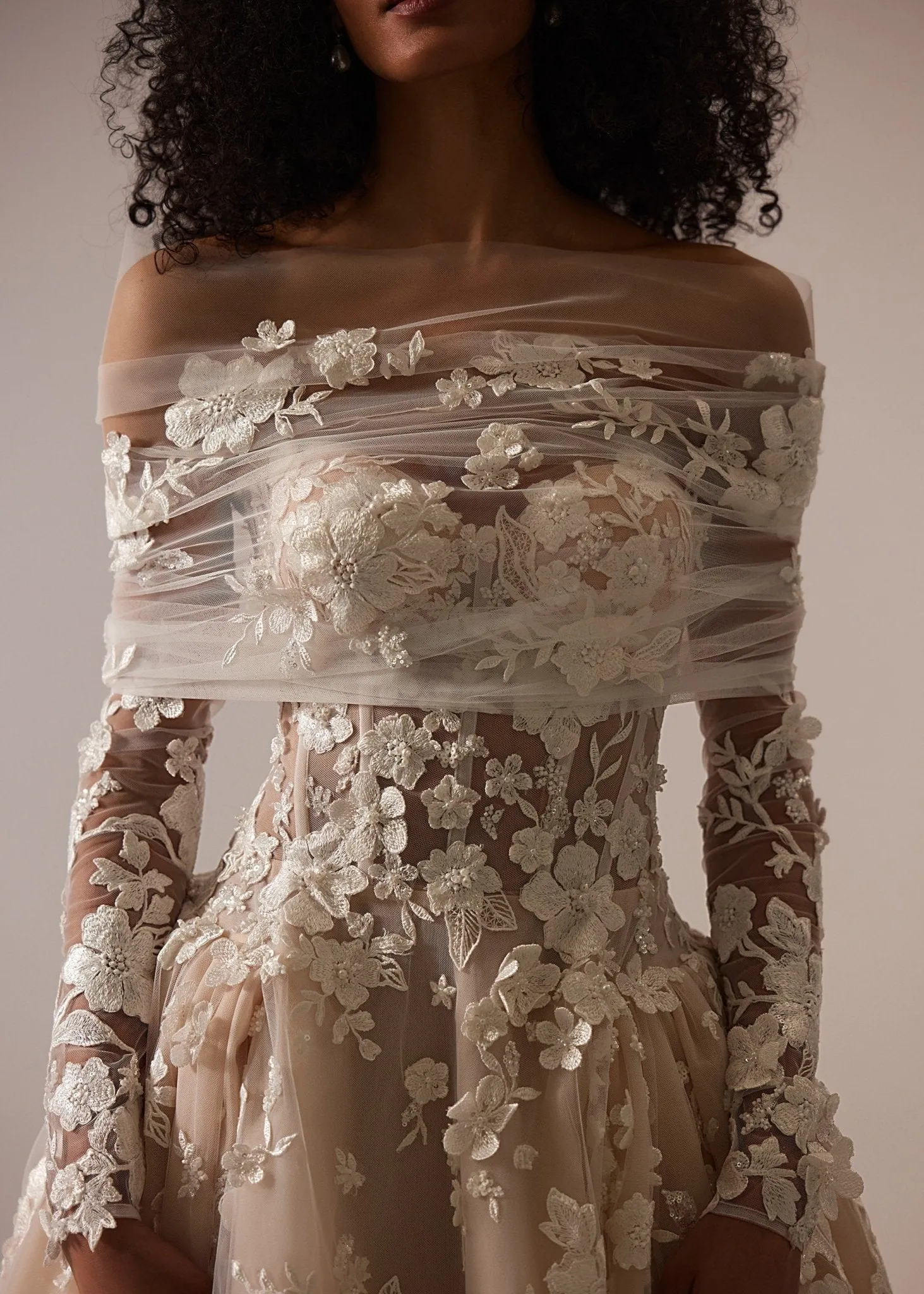 White Floral Appliqué Wedding Dress with Sheer Long Sleeves, Off-Shoulder Draping and Floor-Length Train - Plus Size