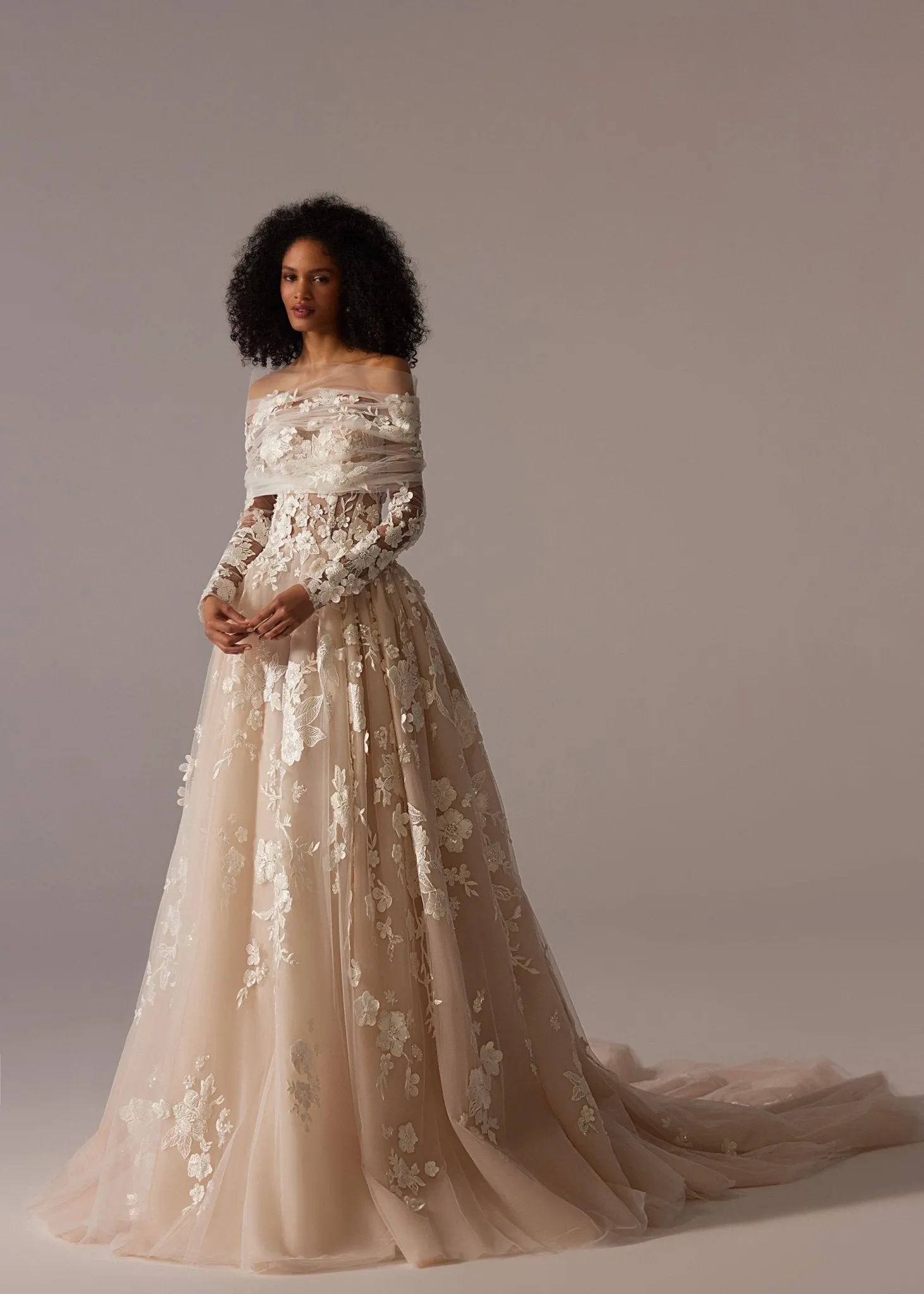 White Floral Appliqué Wedding Dress with Sheer Long Sleeves, Off-Shoulder Draping and Floor-Length Train - Plus Size
