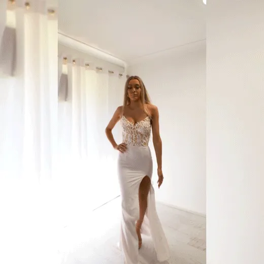 White lace on nude mermaid dress with slit