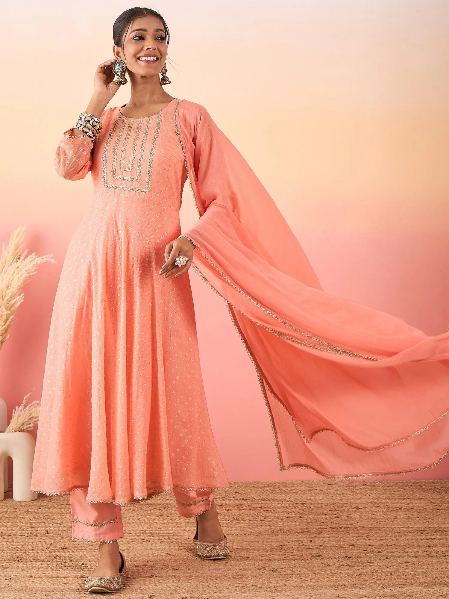Women Peach Coloured Buti Print Anarkali Kurta With Dupatta & Pant
