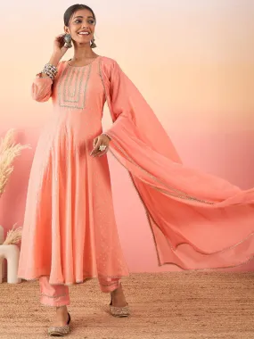 Women Peach Coloured Buti Print Anarkali Kurta With Dupatta & Pant