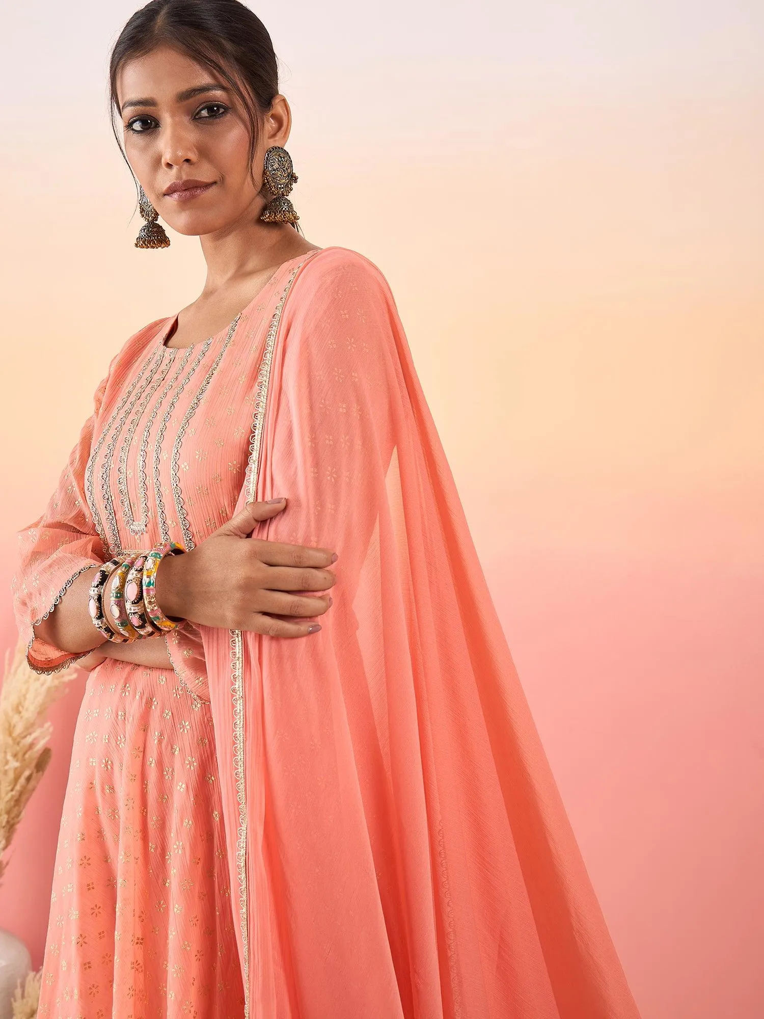 Women Peach Coloured Buti Print Anarkali Kurta With Dupatta & Pant