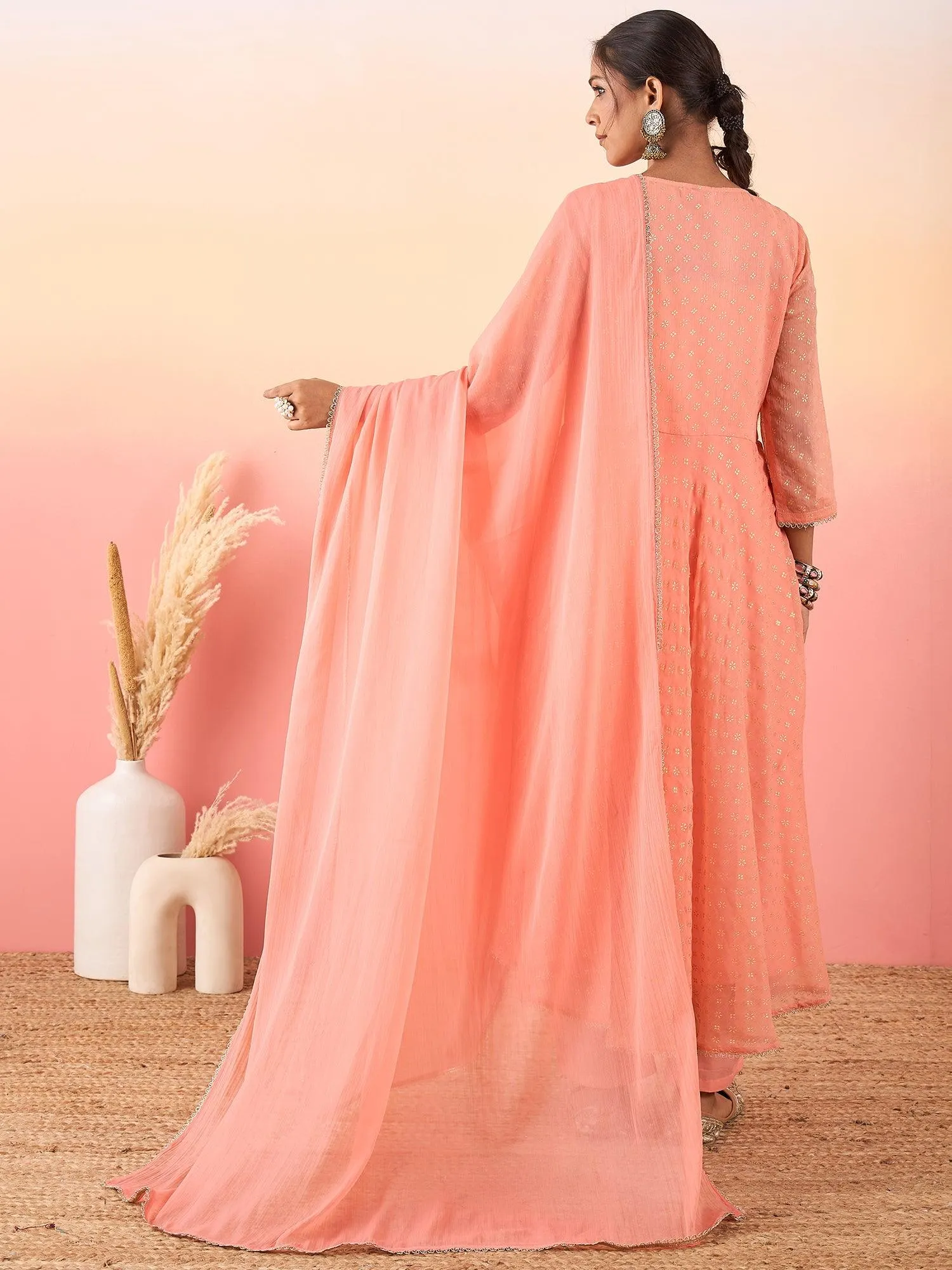 Women Peach Coloured Buti Print Anarkali Kurta With Dupatta & Pant