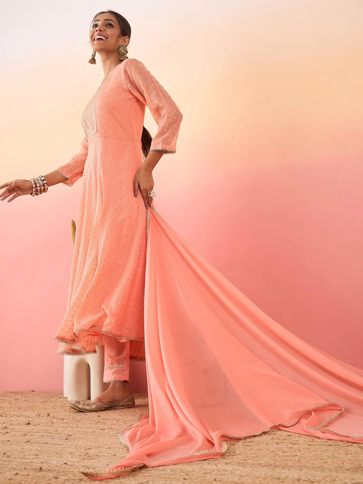 Women Peach Coloured Buti Print Anarkali Kurta With Dupatta & Pant