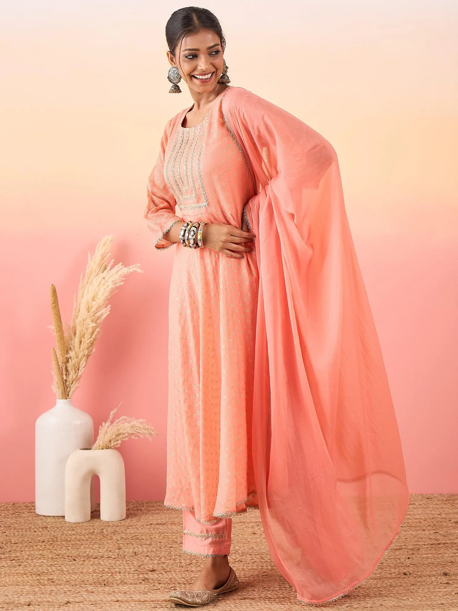 Women Peach Coloured Buti Print Anarkali Kurta With Dupatta & Pant