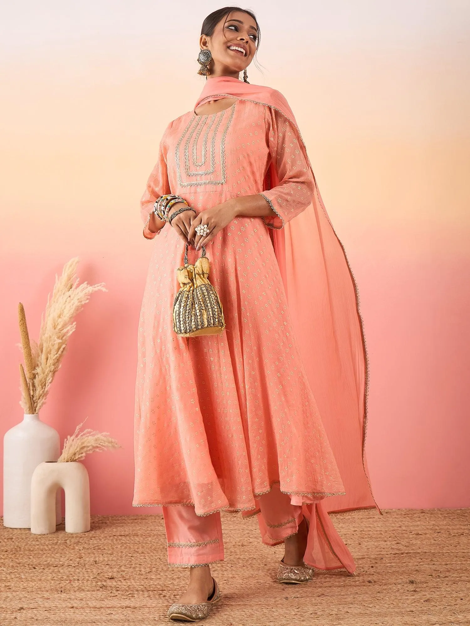 Women Peach Coloured Buti Print Anarkali Kurta With Dupatta & Pant
