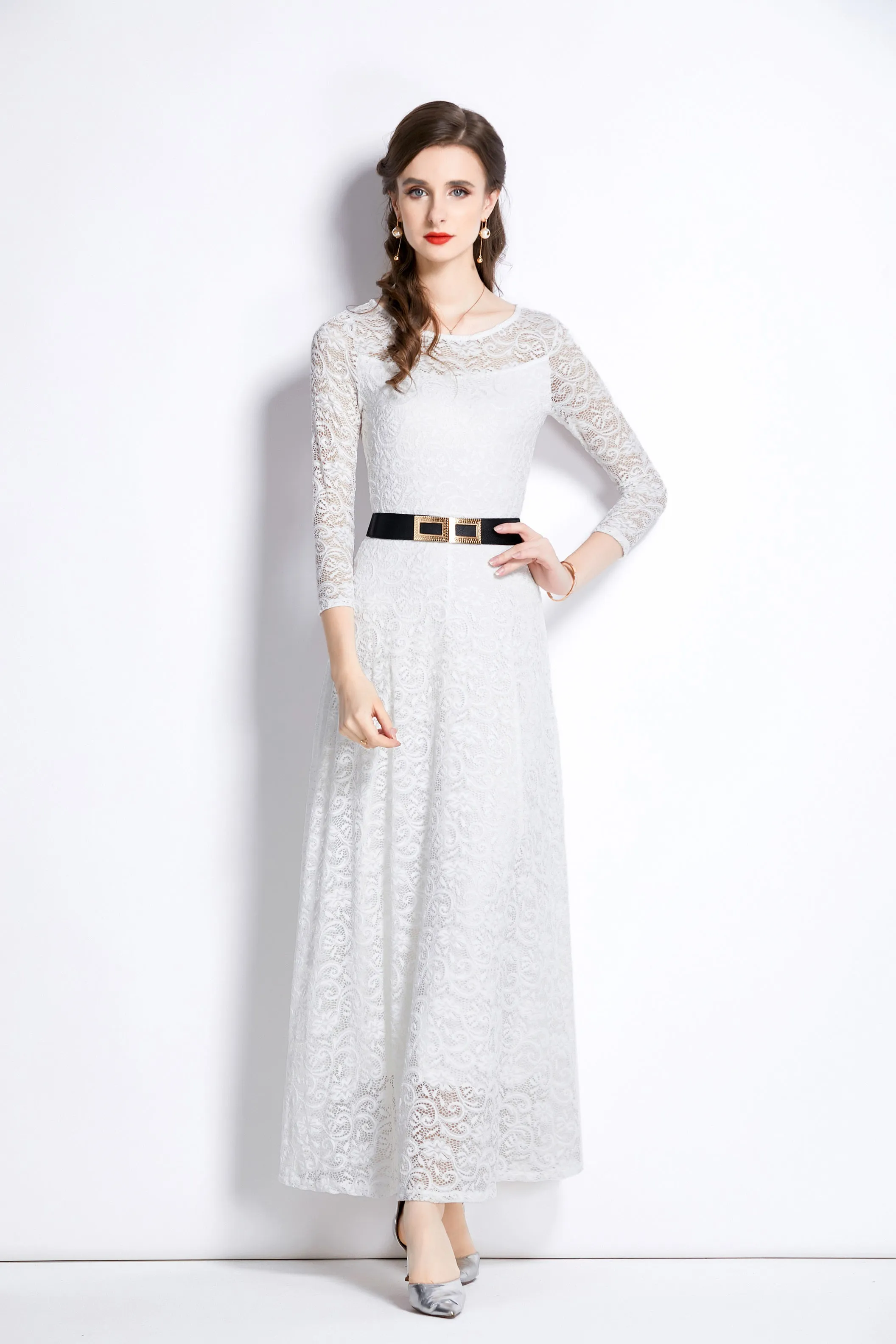 Women's Solid Floral Lace Bridesmaid Maxi Dress