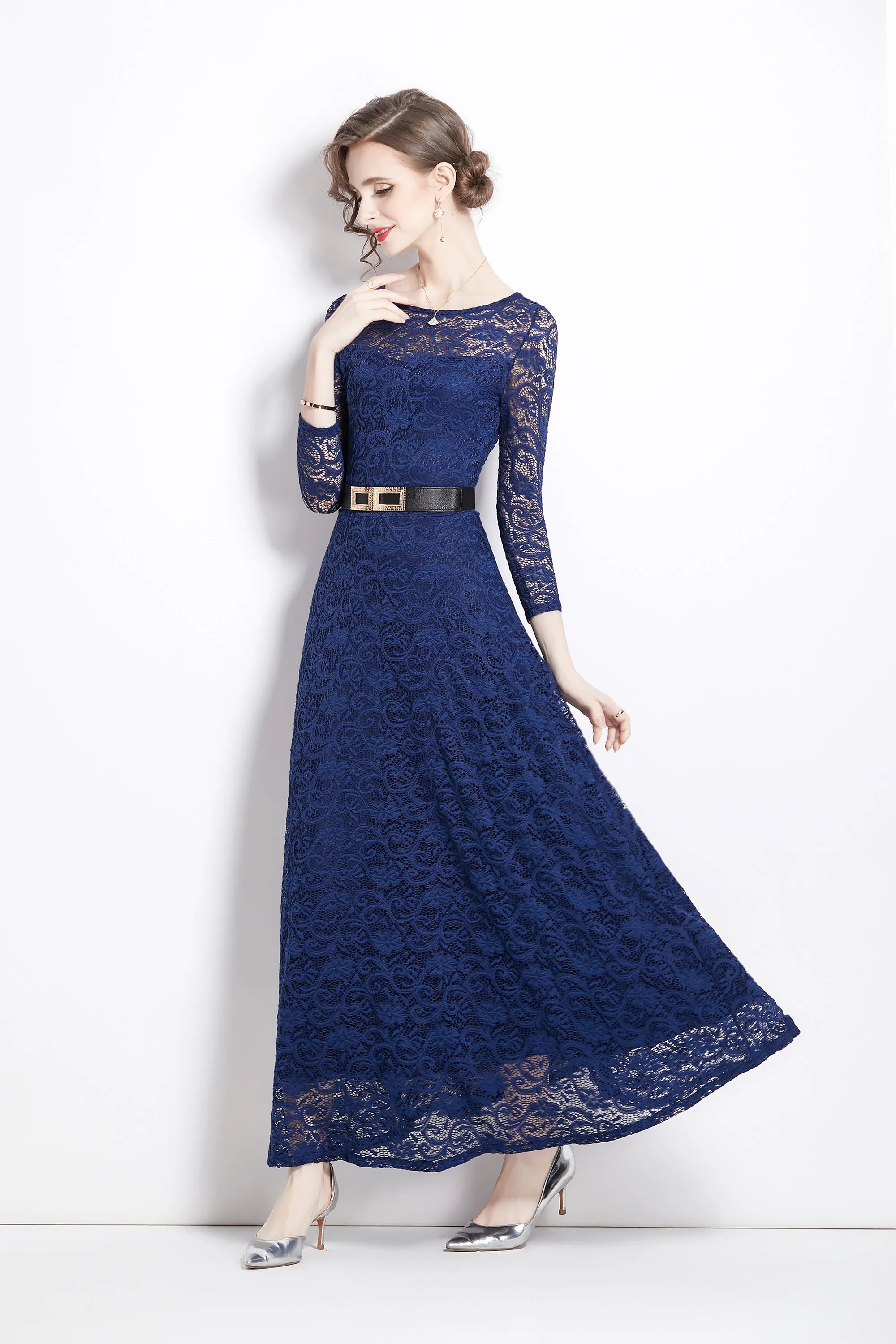 Women's Solid Floral Lace Bridesmaid Maxi Dress