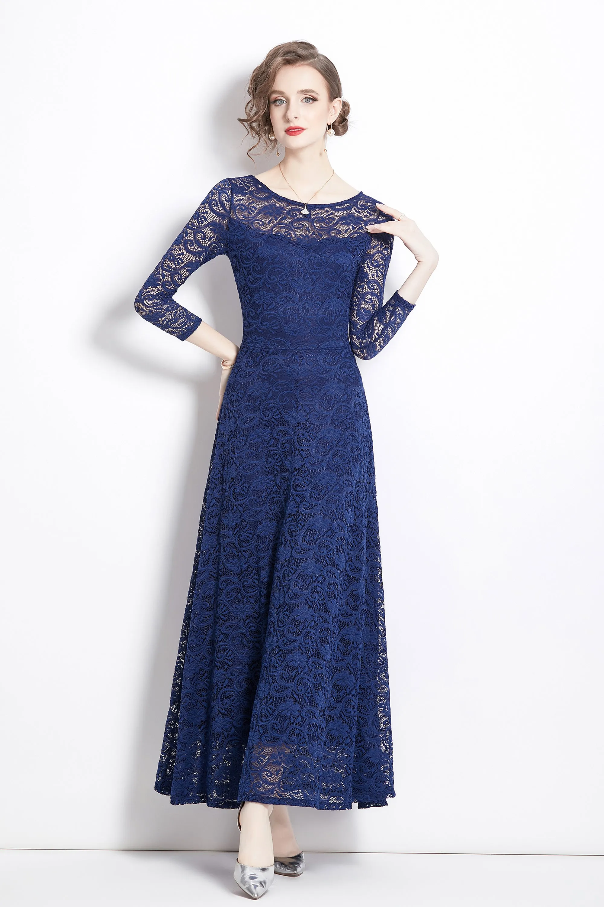 Women's Solid Floral Lace Bridesmaid Maxi Dress