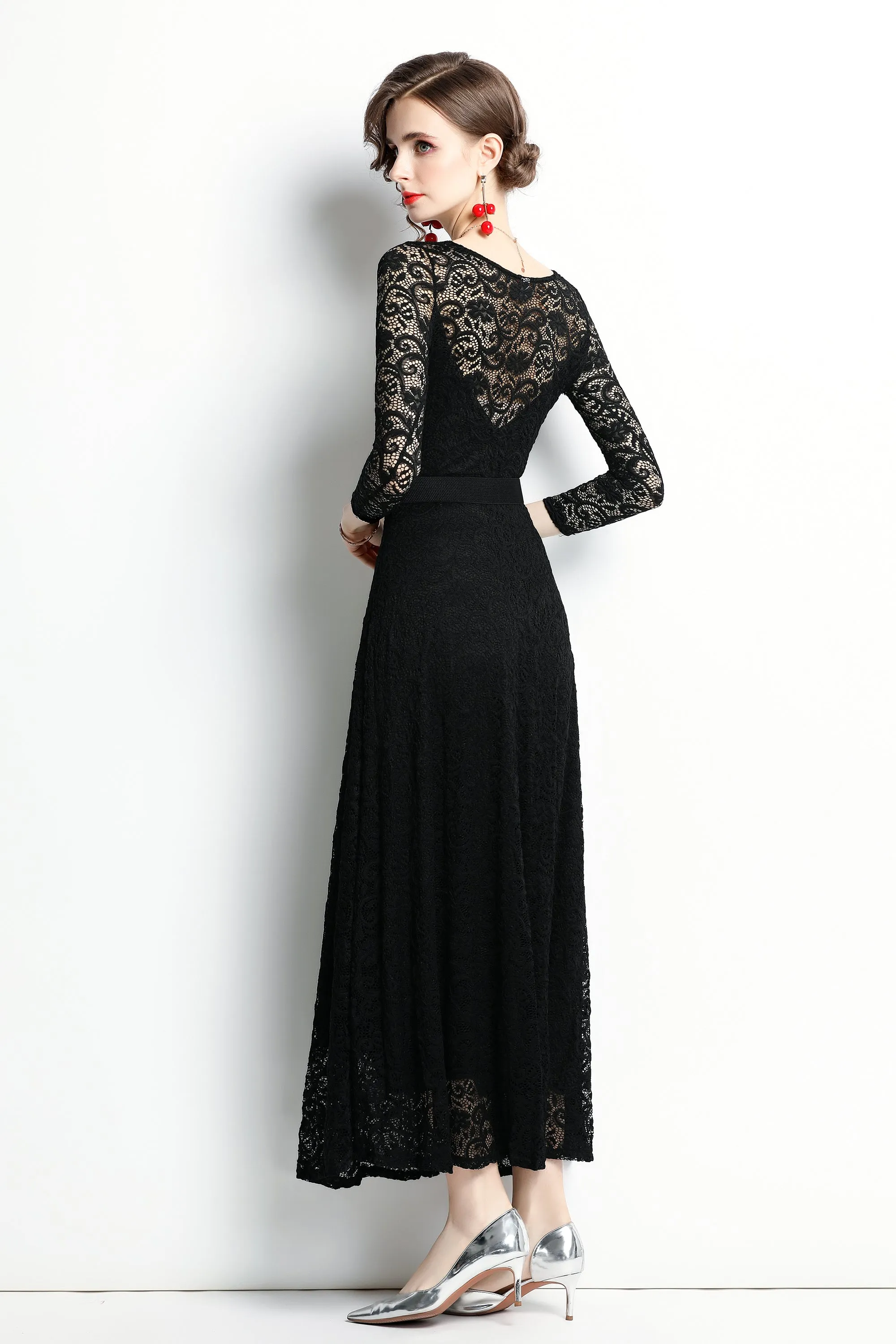 Women's Solid Floral Lace Bridesmaid Maxi Dress