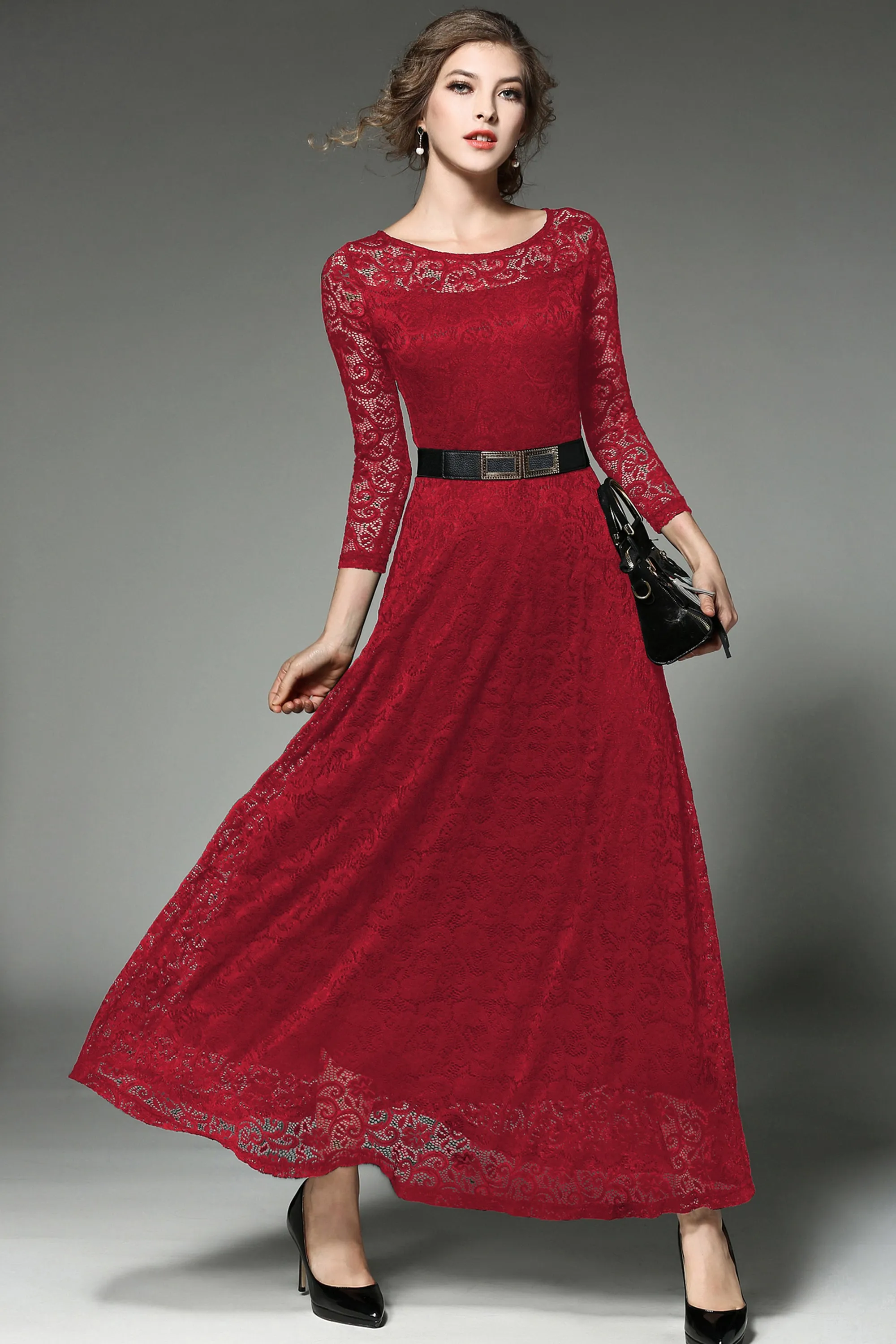 Women's Solid Floral Lace Bridesmaid Maxi Dress