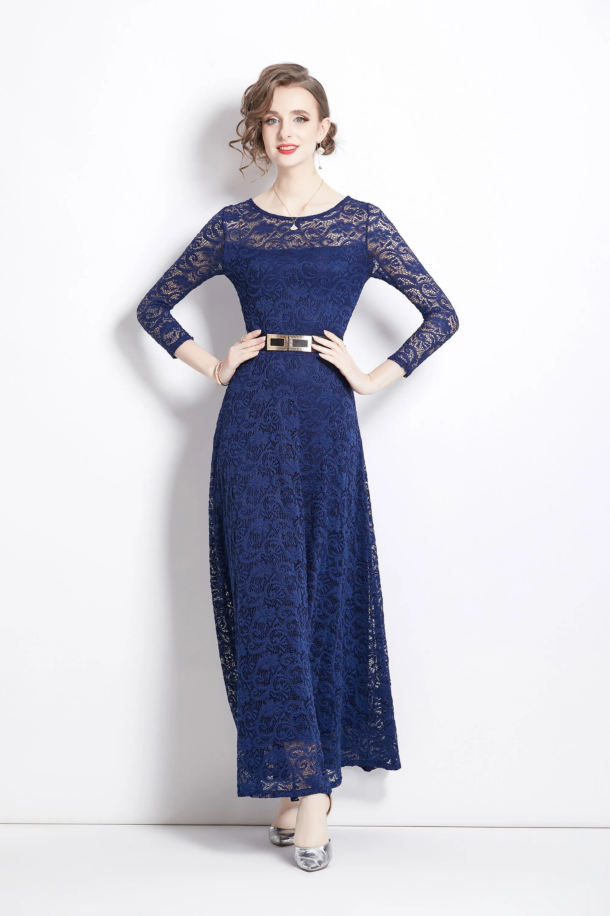 Women's Solid Floral Lace Bridesmaid Maxi Dress