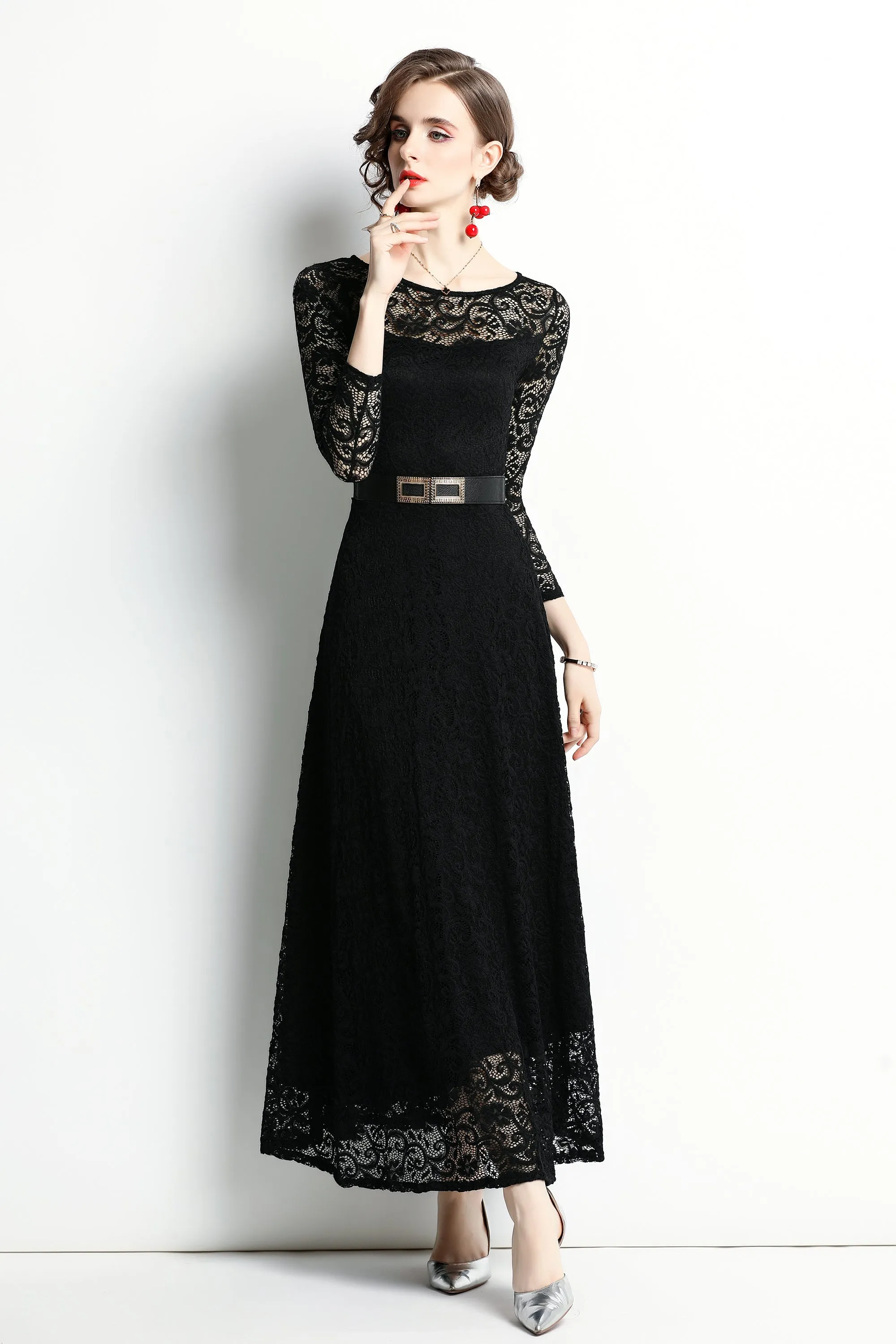 Women's Solid Floral Lace Bridesmaid Maxi Dress