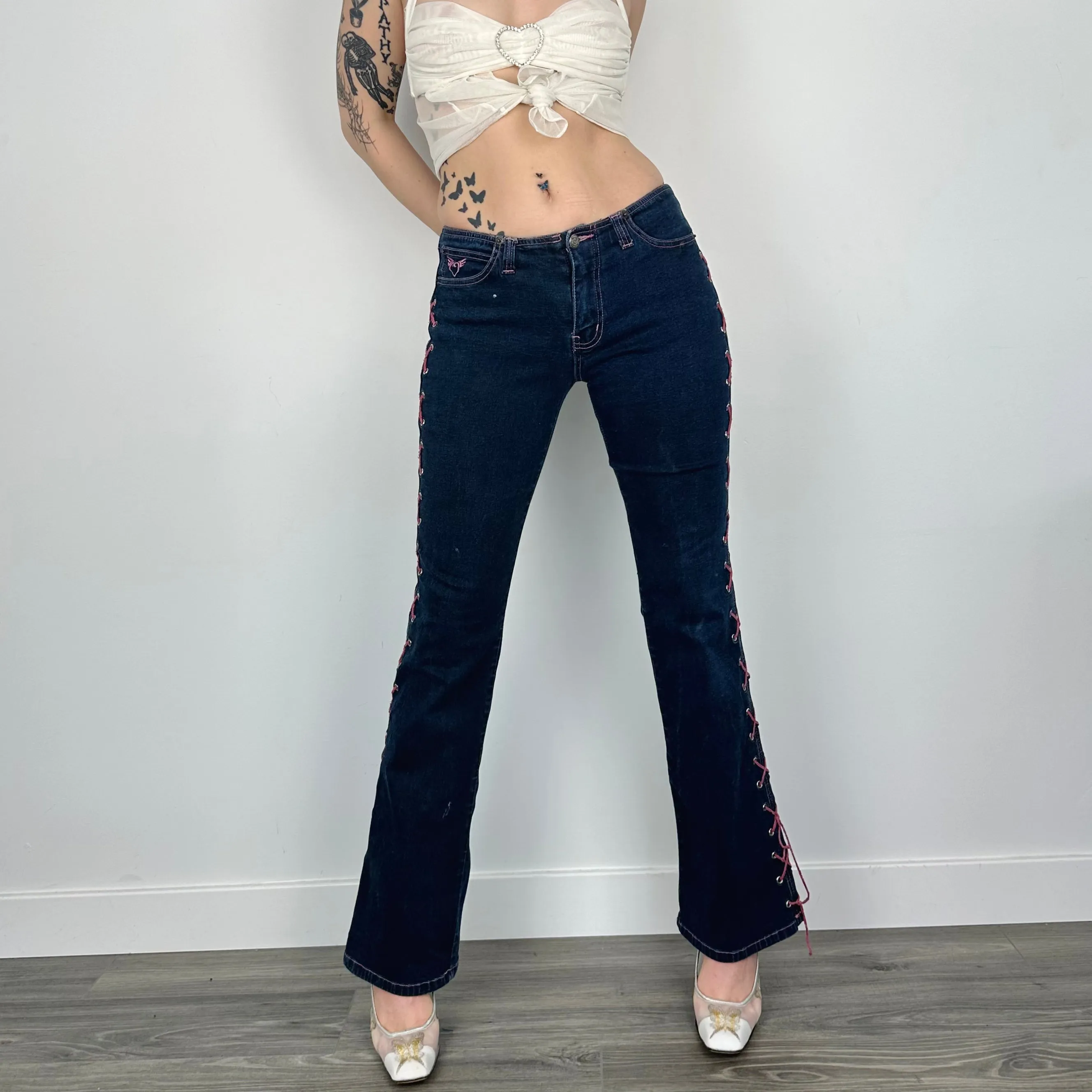 Y2K Lace-up Denim Flares (XS)