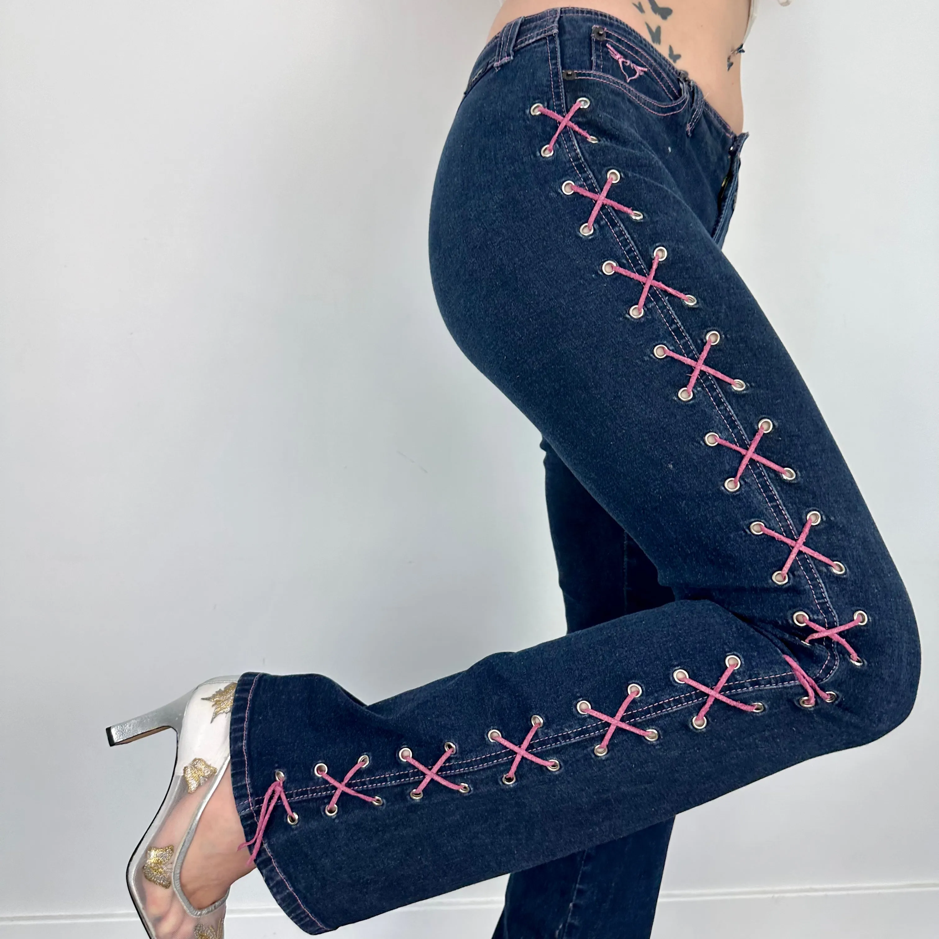 Y2K Lace-up Denim Flares (XS)