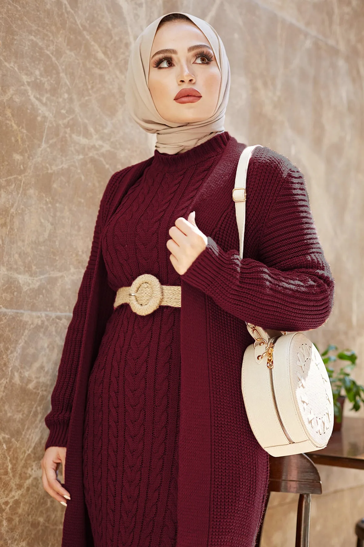 ZRF Women Knit Burgundy Cardigan Dress Suit - Kherson